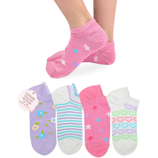 Calzini Fantasmini Bambina COTONE LEGGERO FILO DI SCOZIA 4 Paia Calze leggere e traspiranti Made in Italy ASS1